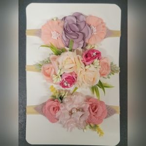Infant Baby Girl Set of 3 Headbands Floral Headpieces Handmade